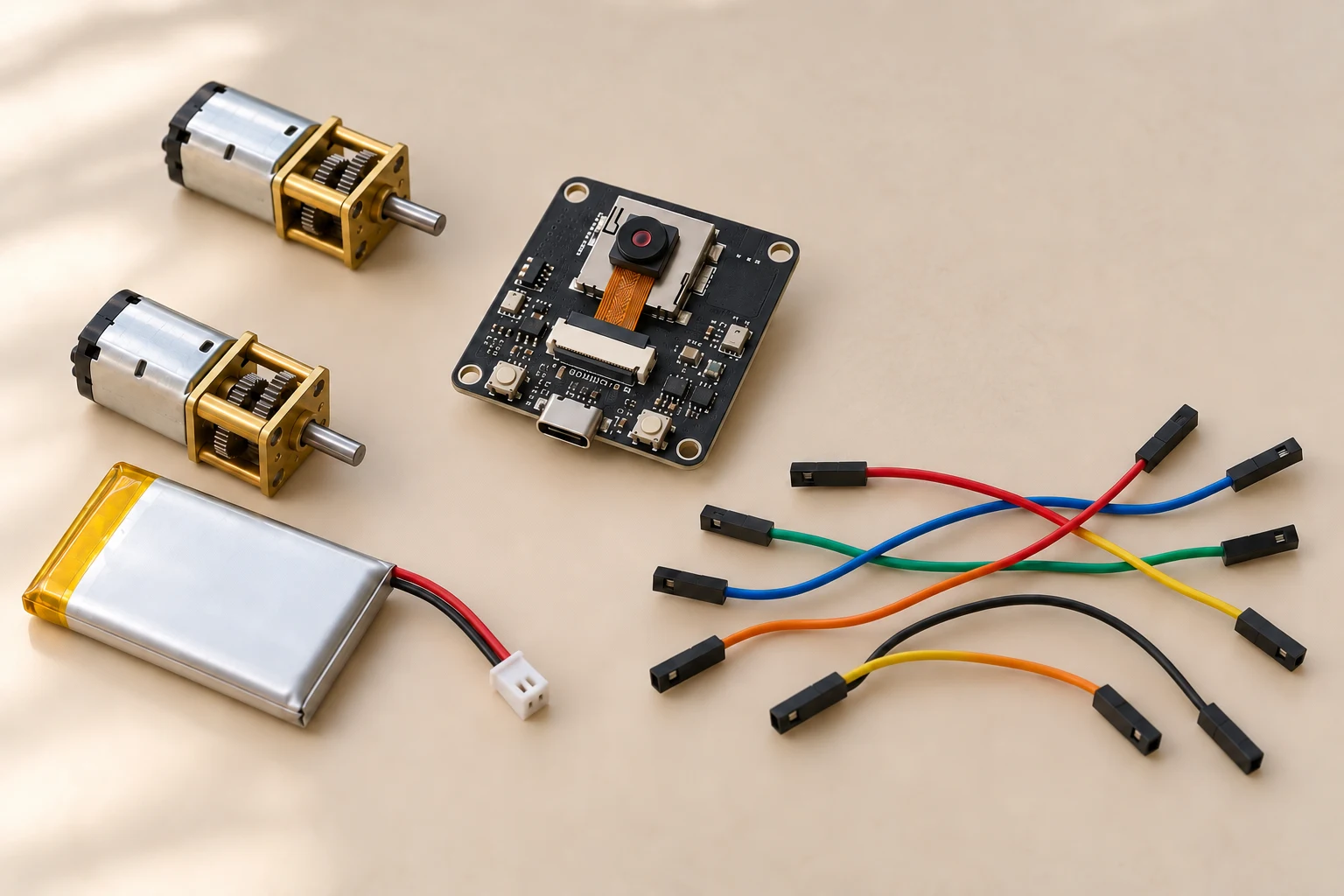 Generated ESP32-S3-CAM style camera-board illustration with two N20 motors, a flat LiPo battery with JST lead, and colourful loose jumper wires.