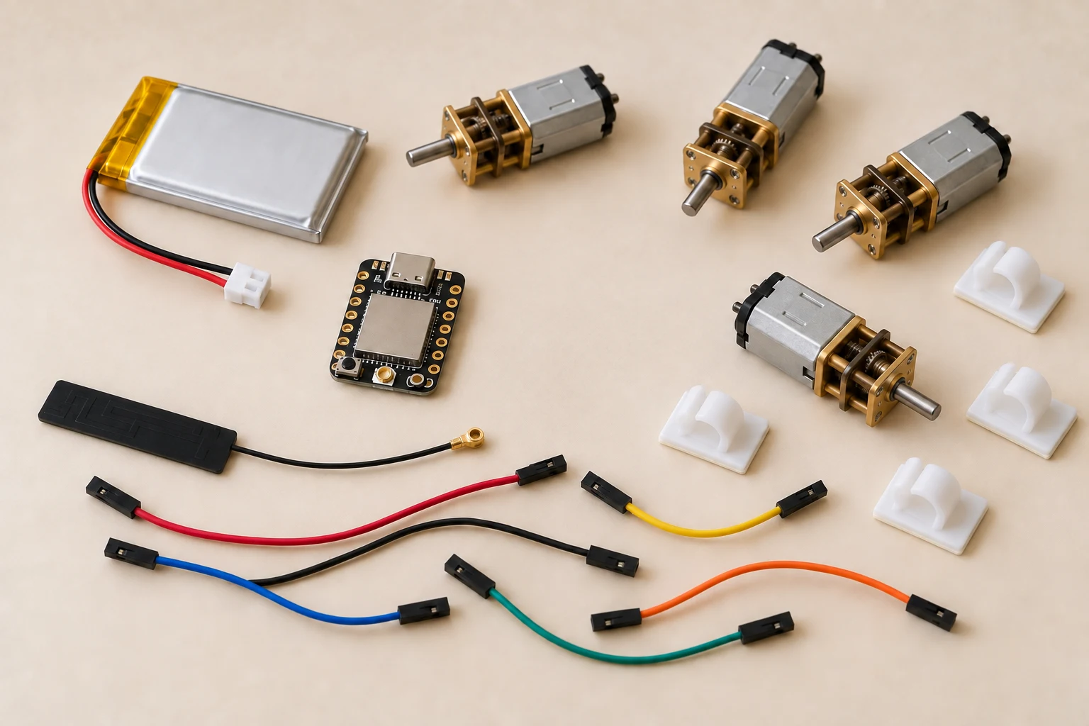 Generated XIAO ESP32-S3 component illustration with four N20 motors, white cable clips, a flat LiPo battery, an antenna, and colourful jumper wires.