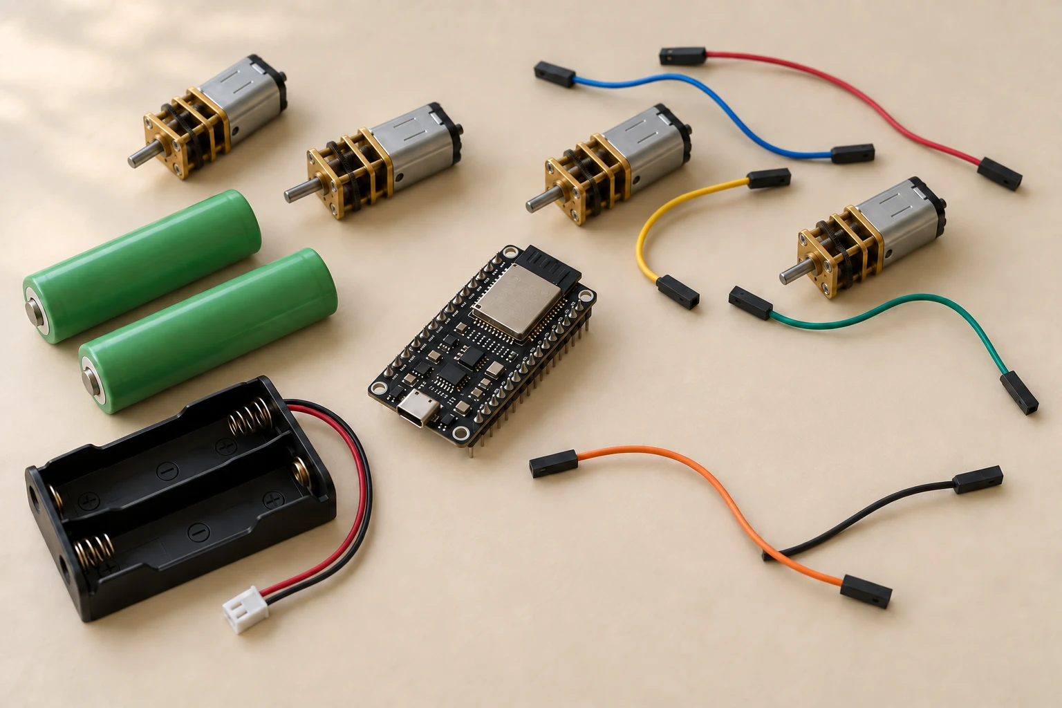 Generated ESP32 component illustration with four N20 motors, two 18650 cells, an empty battery holder, and colourful loose jumper wires.