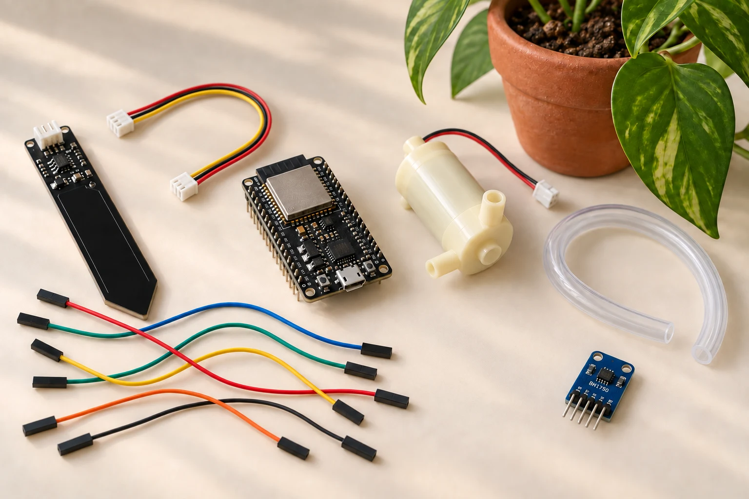 Generated ESP32 illustration with a capacitive soil moisture sensor, light sensor, DC water pump, clear tubing, colourful wires, and a potted pothos.